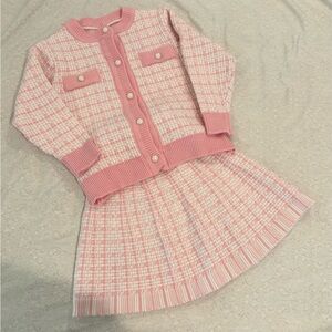 Pink Plaid Cardigan and Skirt Set